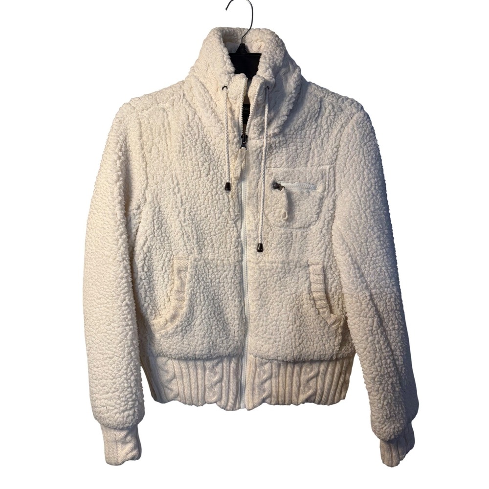 Coffeeshop Jacket White Sherpa Fleece Knit Trim Full Zip Cozy‎ Coat Womens Small